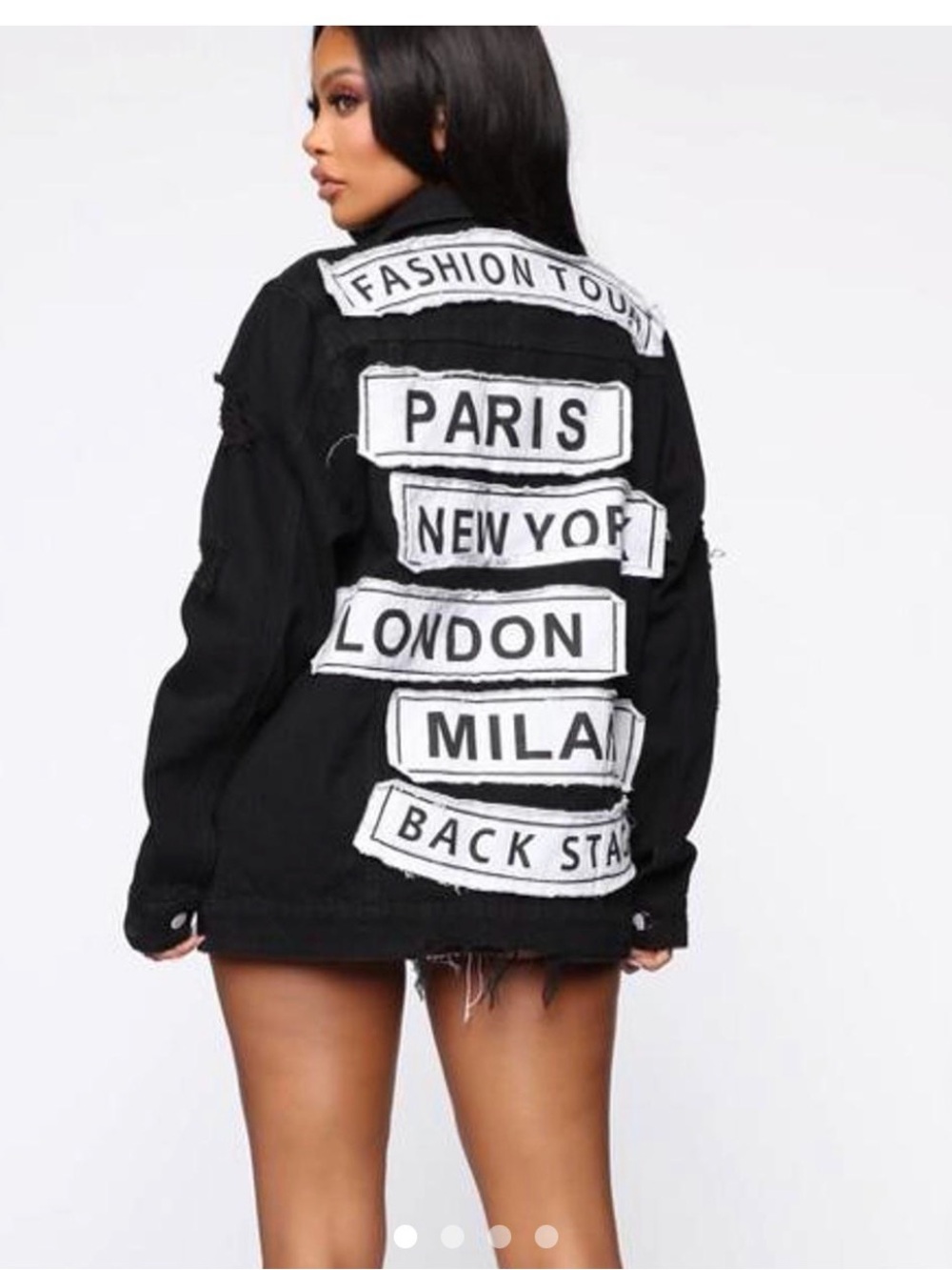 Fashion Nova Black Graphic Patch Denim Jacket